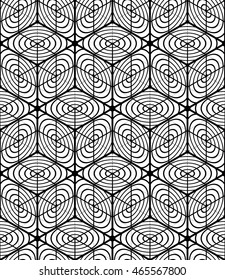 Monochrome illusory abstract geometric seamless pattern with 3d geometric figures. Vector black and white striped backdrop.