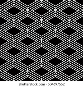 Monochrome illusory abstract geometric seamless pattern with 3d geometric figures. Vector black and white striped backdrop.