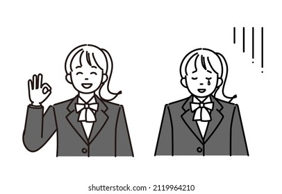 Monochrome illustration 2 pose set for high school girls or junior high school girls who are in OK poses or disappointed.Vector data that is easy to edit.