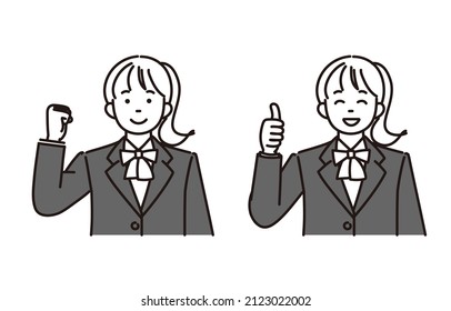 It is a monochrome illustration 2 pose set of a high school girl or a junior high school girl who is doing a guts pose and a nice pose.Vector data that is easy to edit.