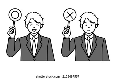 It is a monochrome illustration 2 pose set of a male student who has a correct  incorrect tag.Vector data that is easy to edit.