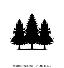 Monochrome illustration of 3 wild spruces silhouette on a white background.