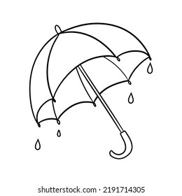 Monochrome illustration, autumn outdoor umbrella with raindrops, vector in cartoon style on a white background