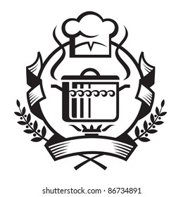 monochrome illustration of banner with cook hat and a pan