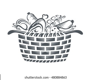 monochrome illustration of basket with various sausages and meat products