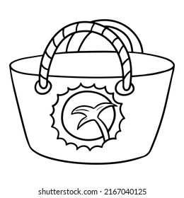 Monochrome illustration, beach bag with a pattern, travel attribute, vector cartoon illustration on a white background