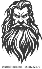 Monochrome illustration of a bearded man with flowing hair, fierce expression, mythical or legendary character design, black and white vector art