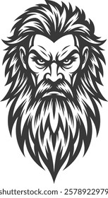 Monochrome illustration of a bearded man with flowing hair, fierce expression, mythical or legendary character design, black and white vector art