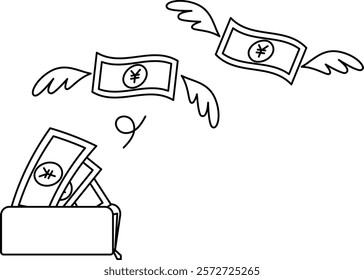 Monochrome illustration of bills flying out of a wallet. Image of waste and expense.