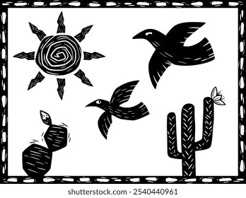 Ilustración monocromática de aves, cactus, sol y plantas, que representa el paisaje árido del Sertão brasileño. Evoca el arte popular tradicional y temas de naturaleza