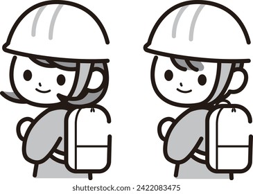 Monochrome illustration of a boy and a girl wearing helmets