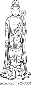A monochrome illustration of a Buddha statue.