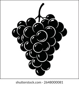 Ilustração monocromática de um cacho de uvas. As uvas são pretas com destaques brancos, criando um design simples, mas elegante. É isolado sobre um fundo branco.