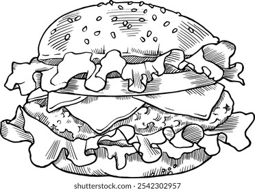 Monochrome illustration of a burger. Can be used for packages, menus, food blogs, social media posts, cookbooks, restaurant branding, or as a design element for a food-related app or website.