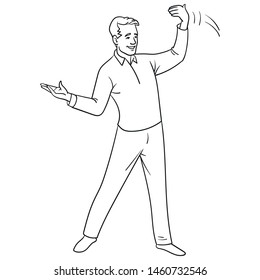 monochrome illustration of a businessman pointing at something and beckoning to himself with the other hand. Character, scribble, outline, comic, ink, sketch, doodle, vector, line, cartoon, black