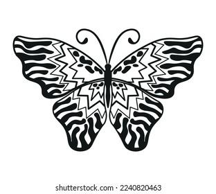 Monochrome illustration of butterflie in sketch style. Hand drawings in art ink style. Black and white graphics.