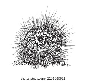 Monochrome illustration of cactus in sketch style. Hand drawing in art ink style. Black and white graphic.