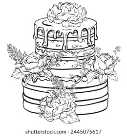 A monochrome illustration of a cake adorned with flowers on top