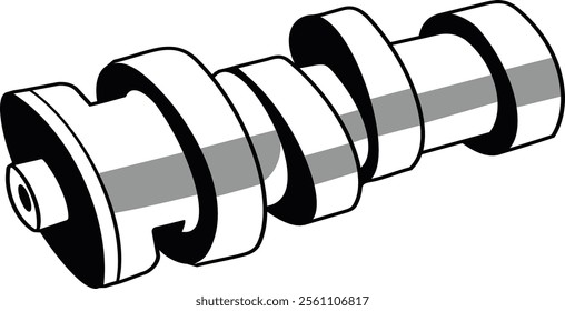 Monochrome illustration of a camshaft, showcasing its detailed mechanical components. Ideal for automotive design, engineering, and technical manuals