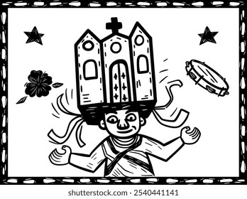 Ilustração monocromática de um personagem em trajes tradicionais brasileiros de Reisado, com chapéu em forma de catedral, pandeiro e estrelas. Representa a cultura popular brasileira e sua celebração