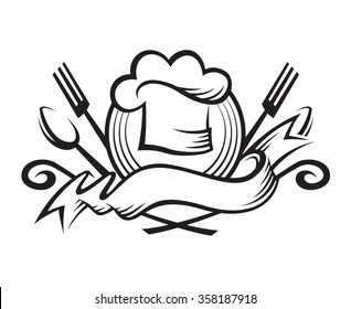 monochrome illustration of a chef hat with spoon, fork and ribbon