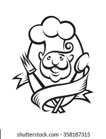 monochrome illustration of a chef with spoon, fork and ribbon