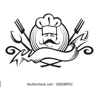 monochrome illustration of a chef with spoon, fork and ribbon