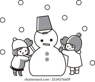 Monochrome illustration of a child making a snowman