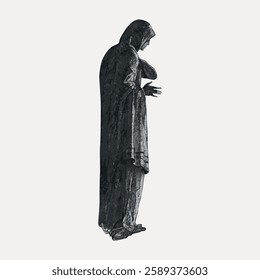 Monochrome illustration of a cloaked figure, possibly a statue, in a contemplative pose. The figure is depicted in a side view, with a textured, shadowy appearance. Vintage illustration, vector.