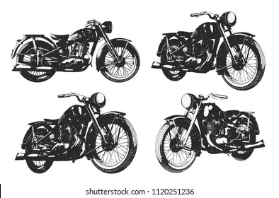 Monochrome illustration of clssic motorcycles in different angles isolated on white backgreound with grunge texture.