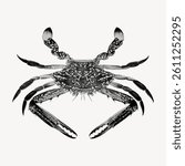Monochrome illustration of a crab with detailed patterns on its shell and claws. The crab