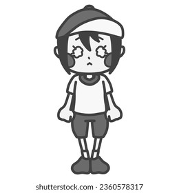 monochrome illustration of a crying girl in gym clothes