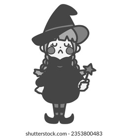 monochrome illustration of a cute little wizard girl who is sad