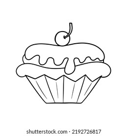 Monochrome illustration, delicious cupcake with delicate chocolate cream and cherry berry, vector illustration in cartoon style on a white background