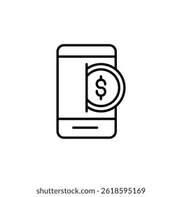 Monochrome illustration depicting mobile banking and digital monetary transaction