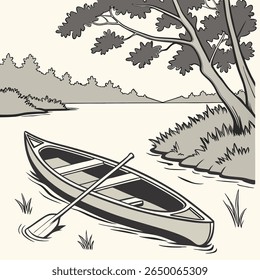 Uma ilustração monocromática retrata uma canoa com uma pá em um lago, perto de árvores e bancos gramados.