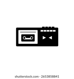 A monochrome illustration depicts a simple cassette player icon featuring a cassette tape and playback controls against a white background.