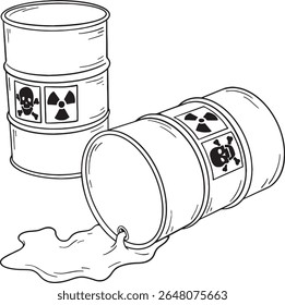 Uma ilustração monocromática mostra dois barris, um na vertical e o outro na ponta com líquido perigoso vazando. Ambos os barris são marcados com símbolos de perigo para veneno e radioatividade.