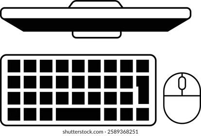 Monochrome illustration of a desktop computer seen from above