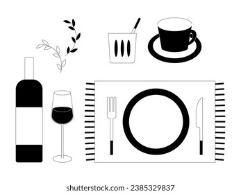 Monochrome illustration of dining table set