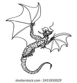 A monochrome illustration of a dragon, depicted in black and white, showcasing its majestic and mythical features.