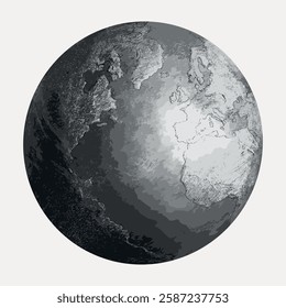 Monochrome illustration of Earth, highlighting continents in grayscale. Artistic Earth design with detailed continents. Grayscale Earth with artistic flair. Vintage art illustration, vector.