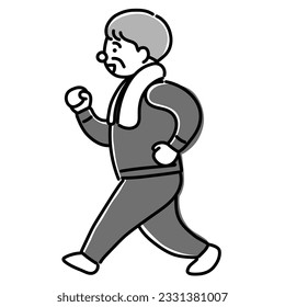Monochrome illustration of an elderly man walking energetically