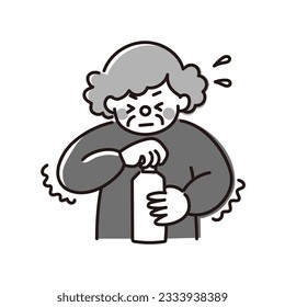 It is a monochrome illustration of an elderly woman who cannot open the lid of a plastic bottle.Easy-to-use vector material.