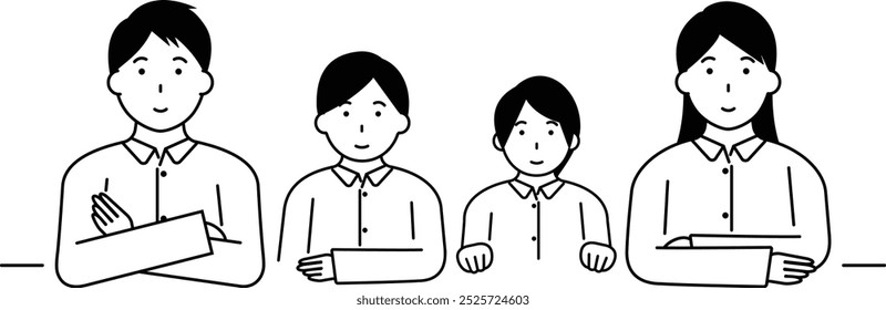 Monochrome illustration of family wearing matching outfits