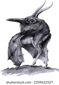 Monochrome illustration of a fantastical chimera, seamlessly blending attributes of a bird, goat, and bat, creating a unique and mythical creature