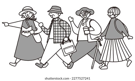 A monochrome illustration of a fashionable senior walking happily.Vector data that is easy to edit.There are other variations as well.