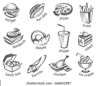 monochrome illustration of fast food set