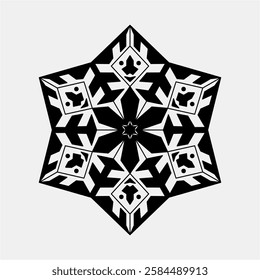 Monochrome illustration featuring a star-like geometric shape with bold black-and-white contrast. Demonstrates symmetry and artistic abstraction, suitable for design purposes or creative backgrounds.