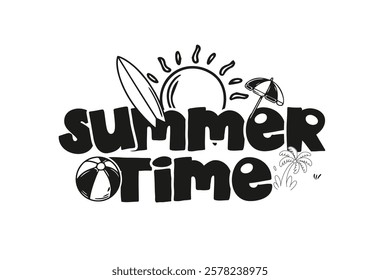 A monochrome illustration featuring summer time elements like a sun, surfboard, umbrella, beach ball, and palm tree.